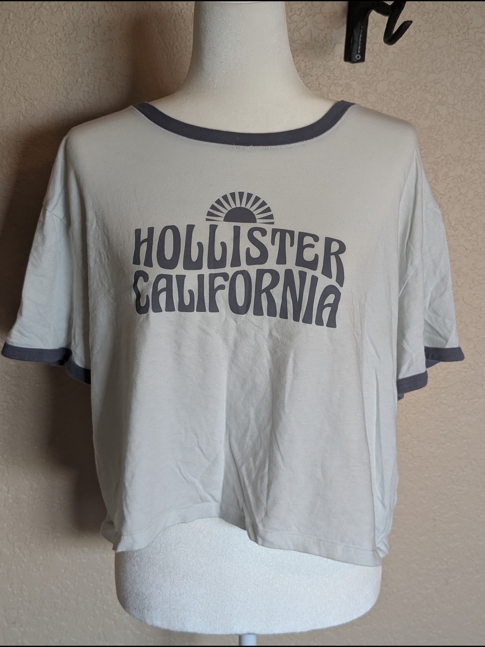Hollister White Cropped Ringer Tee with Blue Trim and Logo - Picture 2 of 4